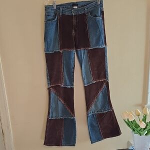 Vintage Patchwork Flare Jeans - Blue and Brown. Stunning!